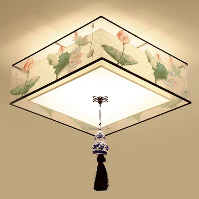 Traditional Classic Geometric Flush Mount Wrought Iron Indoor Ceiling Light with Fabric Shade