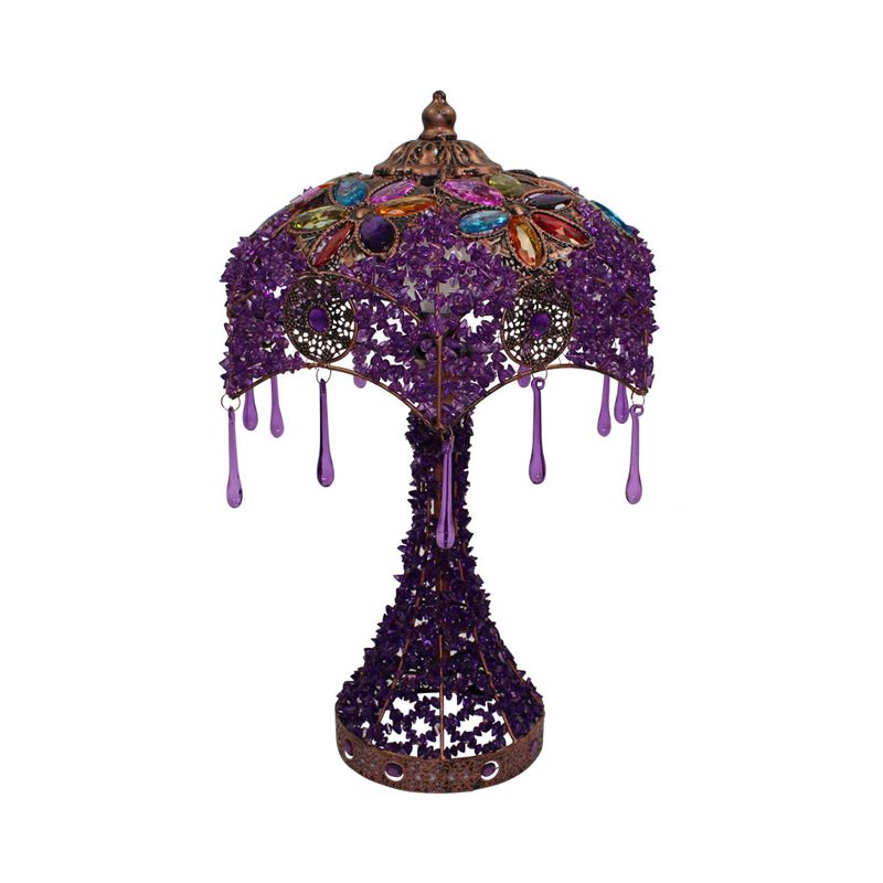 Lampada da comodino in metallo rosso/viola smerlato a 1 luce, lampada da comodino bohémien per soggiorno