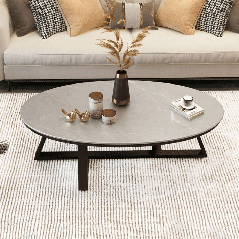 Glam Elliptical Slate Coffee Table 26.2" H Cross Legs Cocktail Table