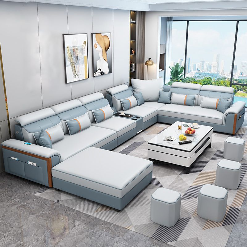 Modern Contemporary Pillow Top Arm Sectional, Faux Leather Sectional Sofa