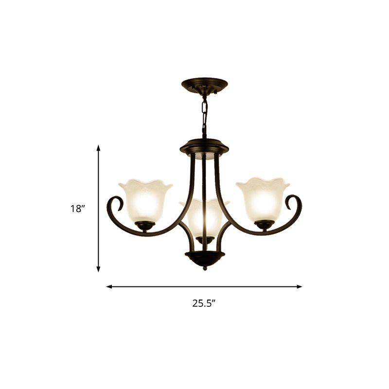 3/6/8 Lights Ceiling Light Traditional Flower Shape Frosted Glass Hanging Chandelier in Black for Living Room