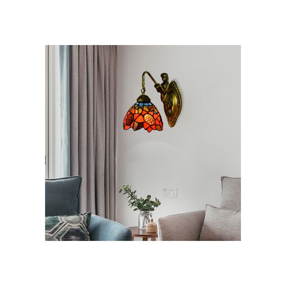 1 Head Living Room Sconce Light Tiffany Antique Brass Wall Mounted Light with Sunflower Orange Glass Shade
