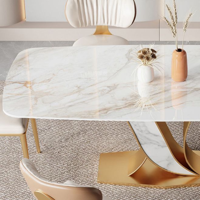 Luxury Rectangular White Stone Top Dining Table with Gold & White Metal X-Base