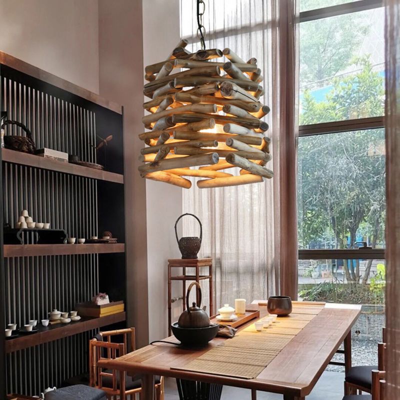1 Light Pendant Lighting Fixture Modern Style Stick Shape Wood Hanging Light