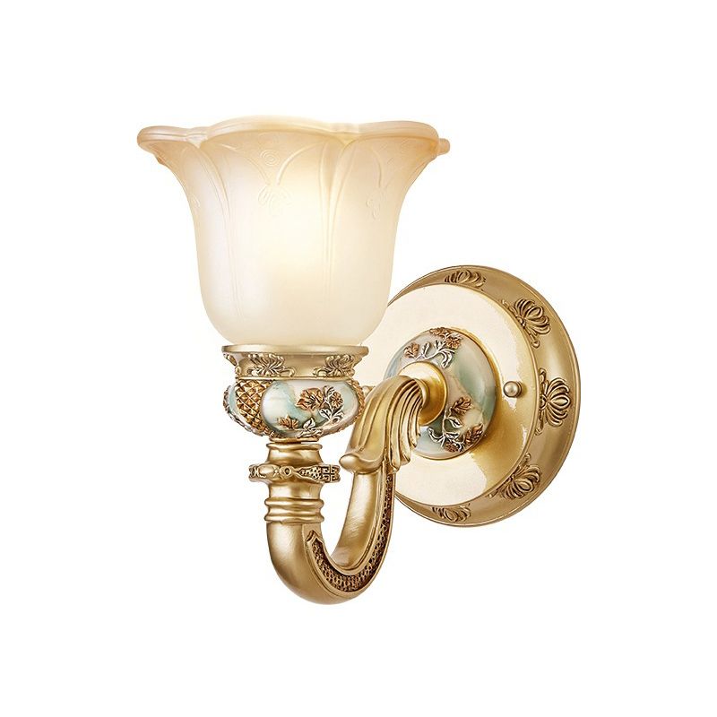 1 Bulb White Glass Wall Sconce Traditional Gold Floral Shade Dining Room Sconce Light with Arched Arm