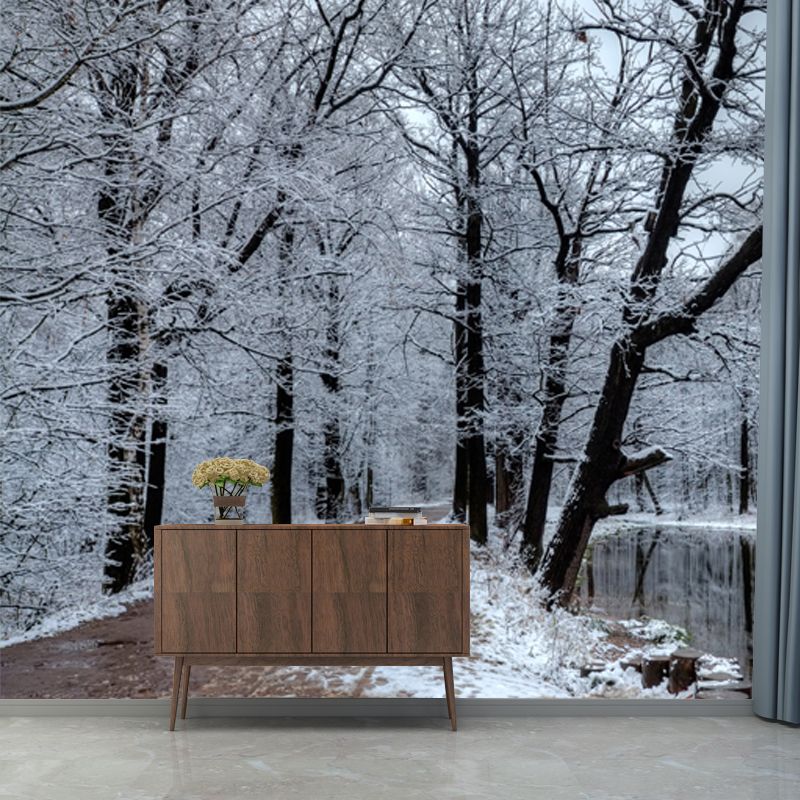 Lake Reflection Snowy Tree Mural Wallpaper Grey Modern Wall Covering for Bedroom