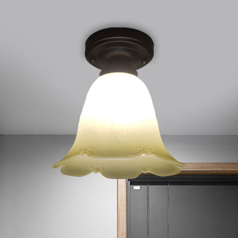 Single Head Flush Lamp Cottage Flower White Glass Ceiling Flush Mount Light in Black