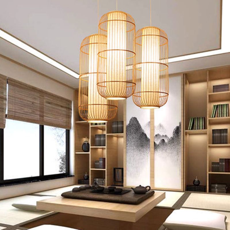 Chinese Elongated Pendant Lighting Fixtures Rattan Hanging Light with Hanging Cord for Restaurant