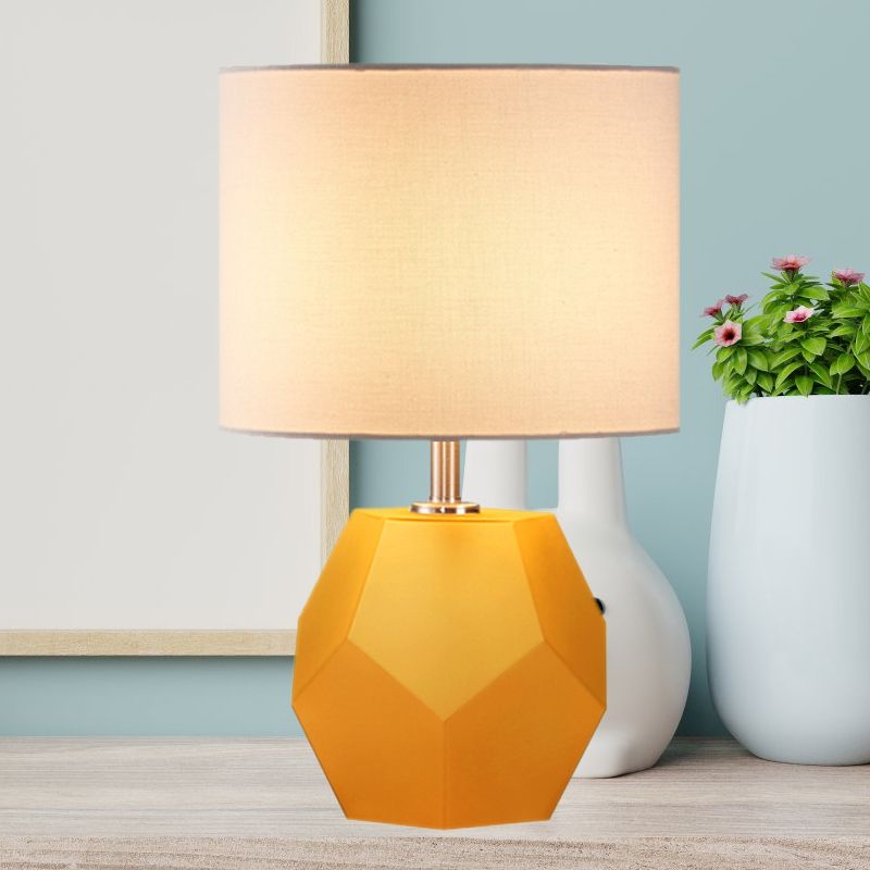 Single-Bulb 3D Hexagon Table Lamp Modern Grey/Pink/Yellow Glass Night Light with Drum Fabric Shade