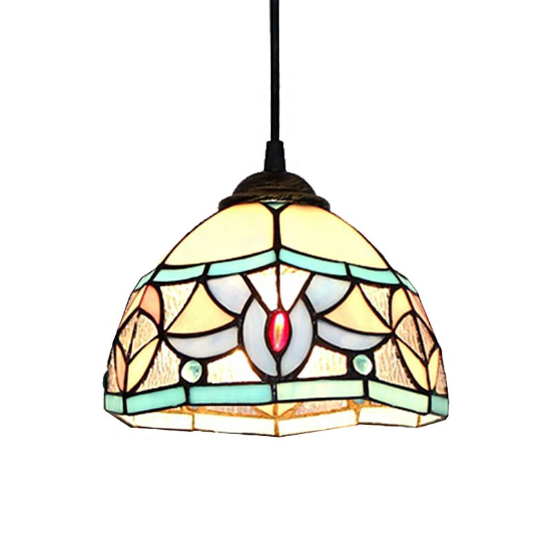 Stained Glass Mini Pendant Light with Cord Tiffany 1 Light Bedroom Hanging Lamp in Antique Bronze