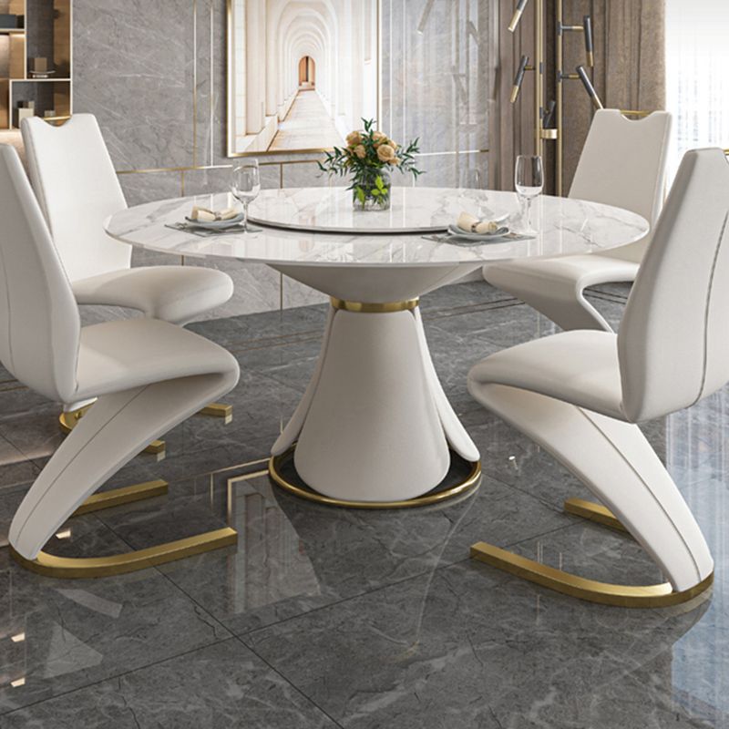 Glossy White Stone Dinette Table with Pedestal Modern Dining Table for Home