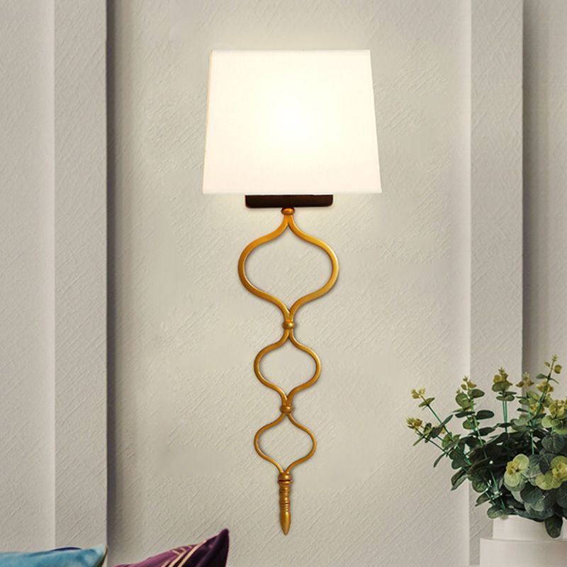 Flat Metal Sconce Lighting Rustic 1-Light Living Room Wall Mounted Lamp in White with Fabric Shade