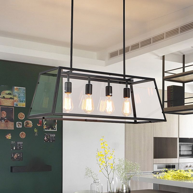 Industrial Glass Island Light Black 4 Lights Island Pendant for Restaurant