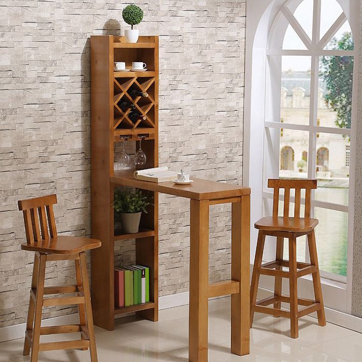 Brown Pine Wood Bistro Table with Storage Modern Pub Table for Living Room