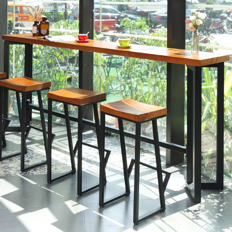 Modern Metal Base Bar Table Black Iron Solid Wood Patio Bar Table