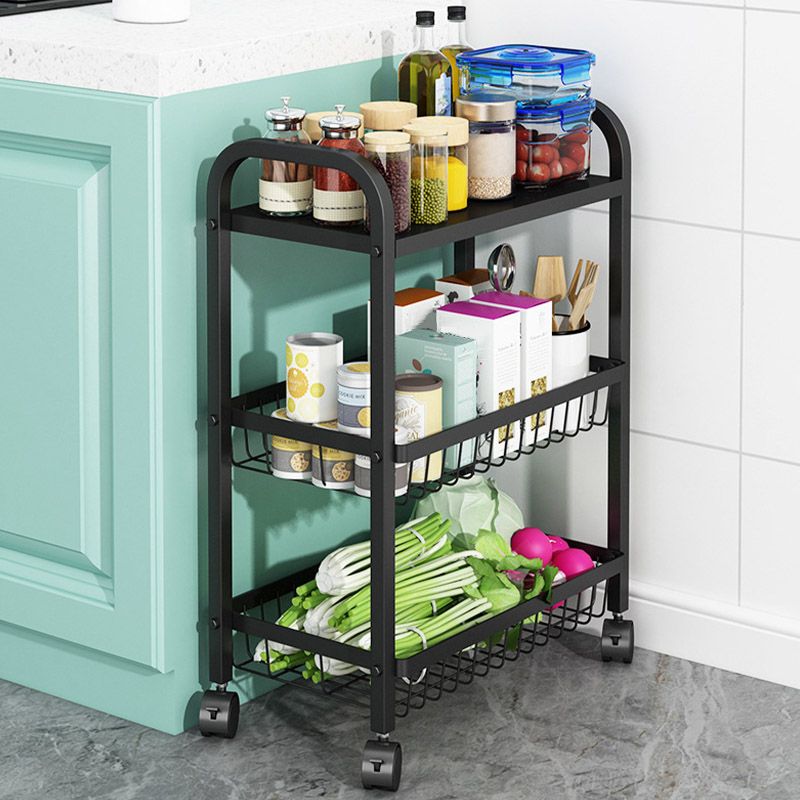Open Storage Prep Table with Basket Kitchen Trolley in Black