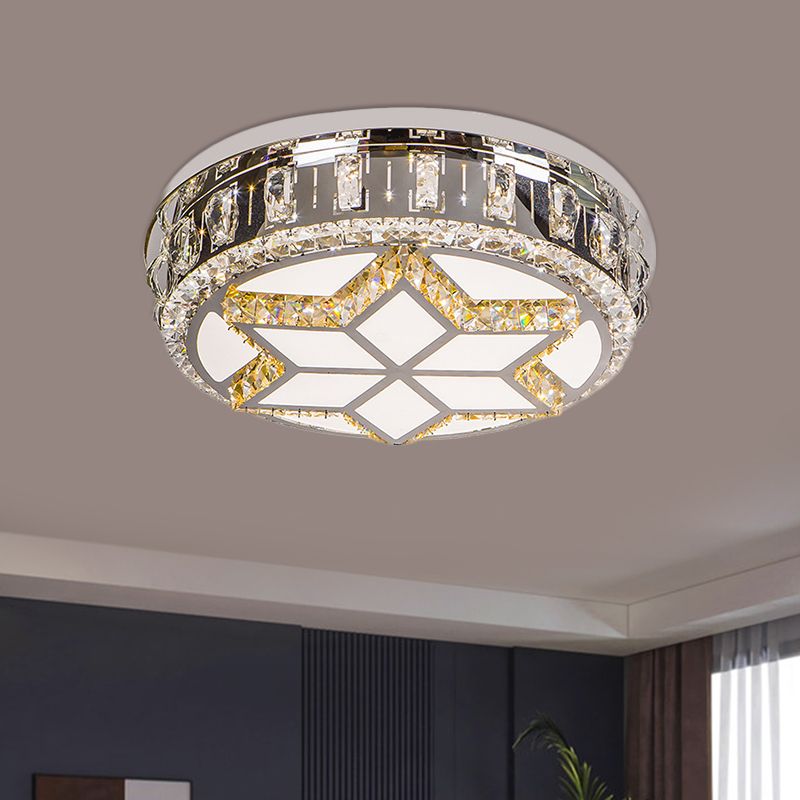 Circle Flush Mount Fixture Minimalism Hand-Cut Crystal LED Chrome Ceiling Lighting in Warm/White Light