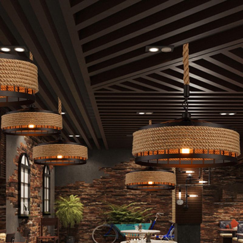 Hemp Rope Yurt Hanging Light Rustic 1 Bulb Restaurant Pendant Light Fixture in Black