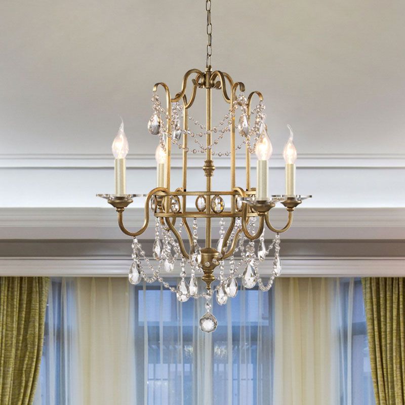 Farmhouse Candelabra Pendant Light Kit 4 Heads Crystal Swag Ceiling Chandelier in Gold