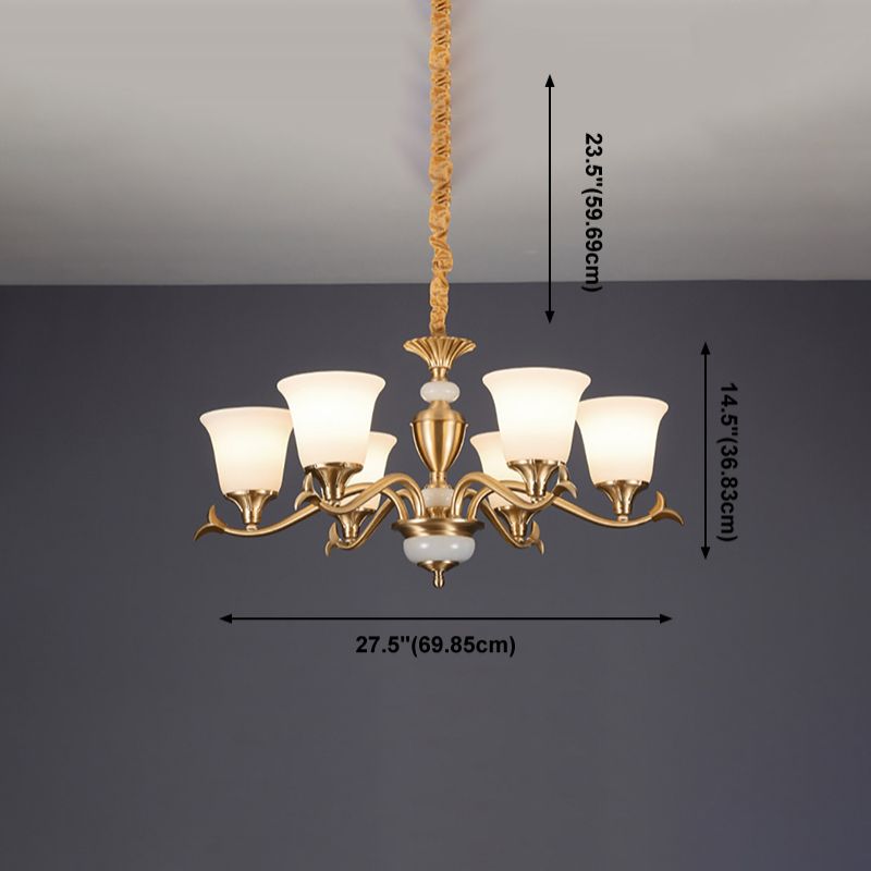 Lustre de salon en verre blanc traditionnel en verre floral en or