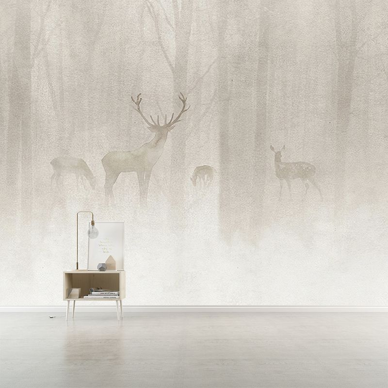 Whole Animal Mural for Bathroom Foggy Forest Deer Patterned Wall Art in Grey, Moisture Resistant