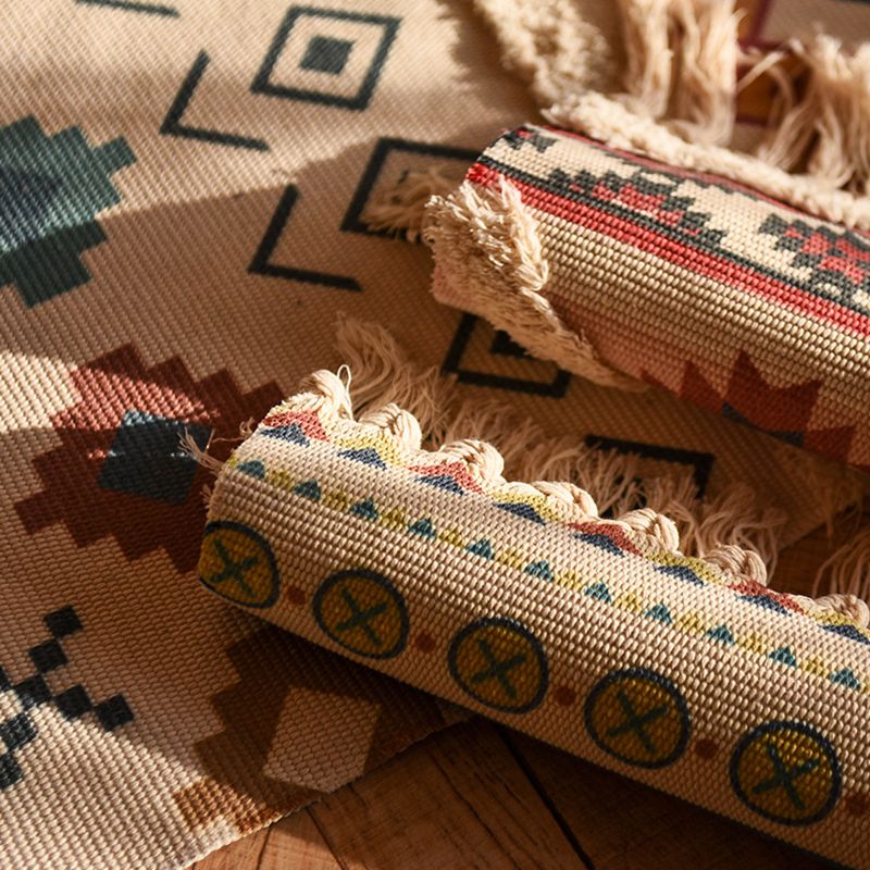 Bohemian Americana Rug Khaki Tone Cotton Blend Rug Washable Carpet with Fringe for Home Decor
