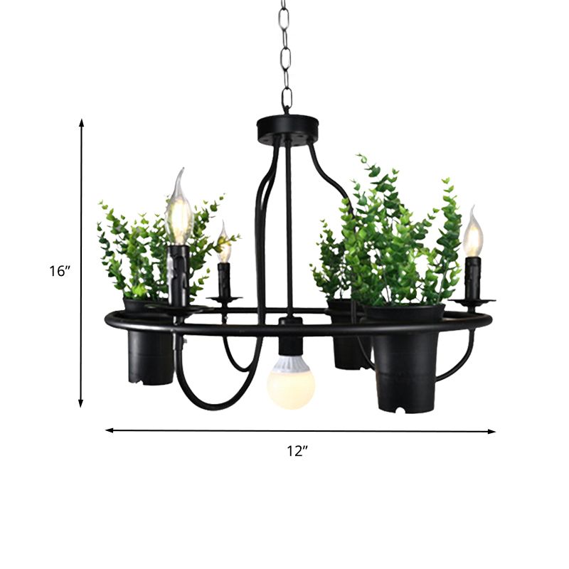 Candle Metal Chandelier Light Industrial 4/7 Bulbs Restaurant LED Hanging Lamp in Black with Plant