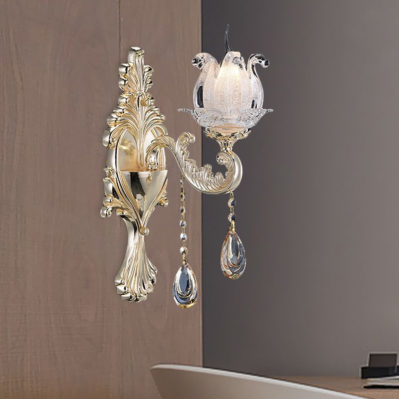 1/2-Light Frosted Glass Sconce Traditional Gold Semi-Open Flower Living Room Wall Mounted Light
