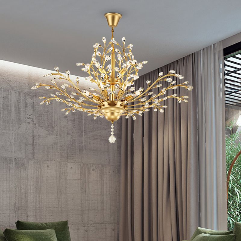 Country Style Foliage Chandelier Metal Suspension Light with Crystal Decor in Gold