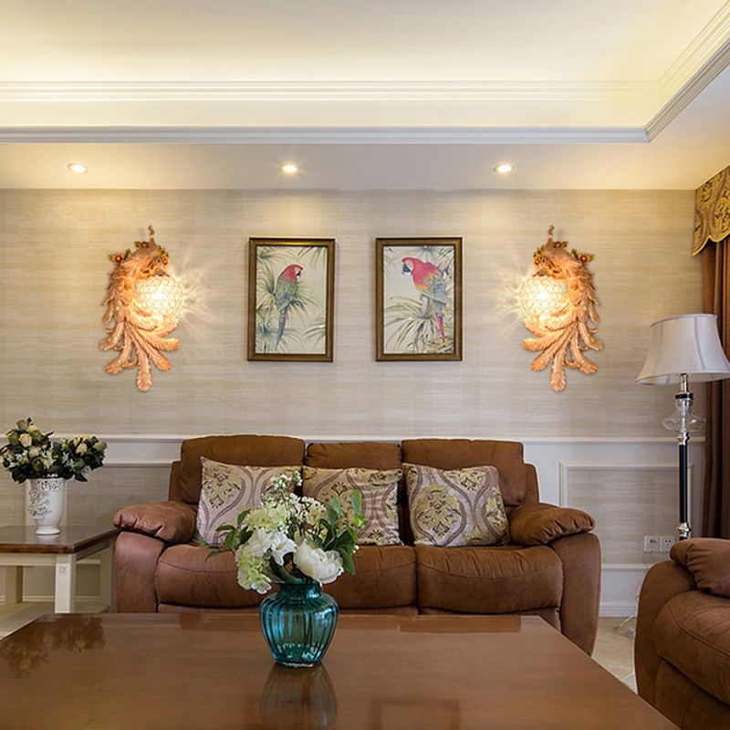 Lámpara de cristal y resina de luz de luz de pared abovedada con placa de pavo real izquierda/derecha en oro/verde, 1/2 paquetes