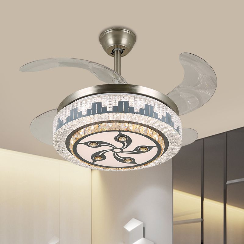 Edelstahl-LED-LED-Lüfterlampe moderne klare Kristallblöcke rundes Halbflush-Licht mit 4 Klingen, 19 "Breite