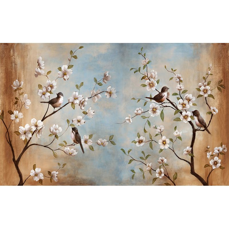 Whole Birds Murals for Wall Contemporary Large Branch with Flowers Wall Art in Blue-Brown