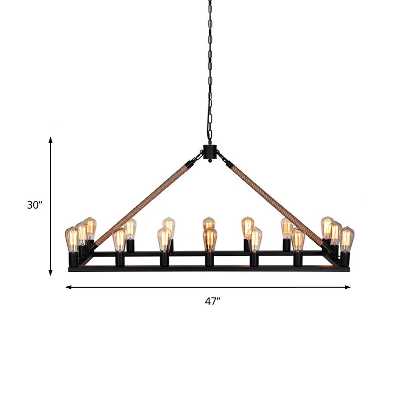 10/16 Bulbs Chandelier Lighting Loft Style Rectangular Frame Metal Pendant Lighting with Rope Detail in Black