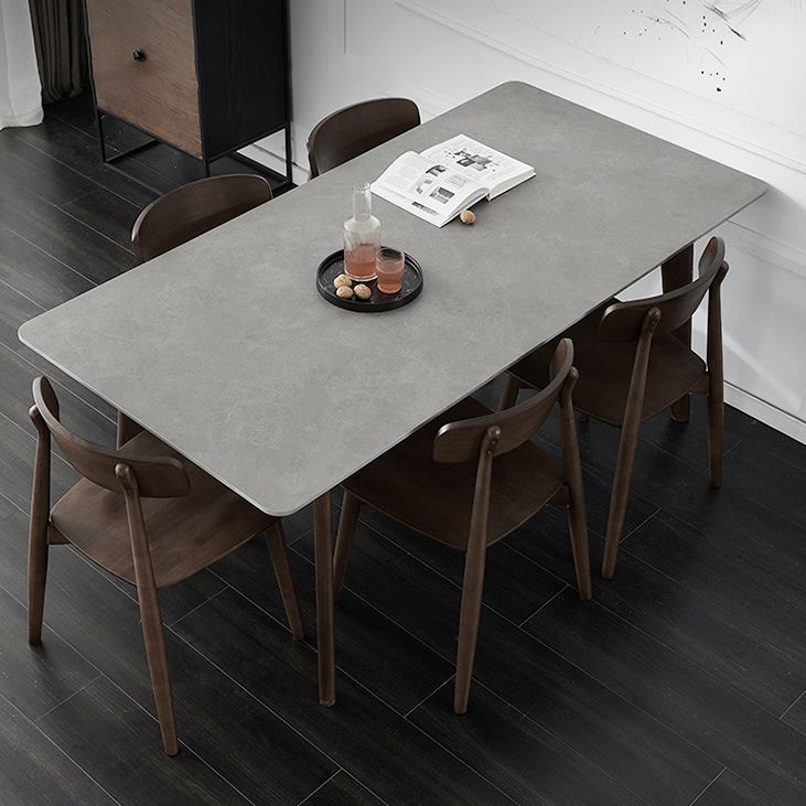 Stone Rectangle Top Table Mid-Century Modern Dining Table with 4 Wood Legs