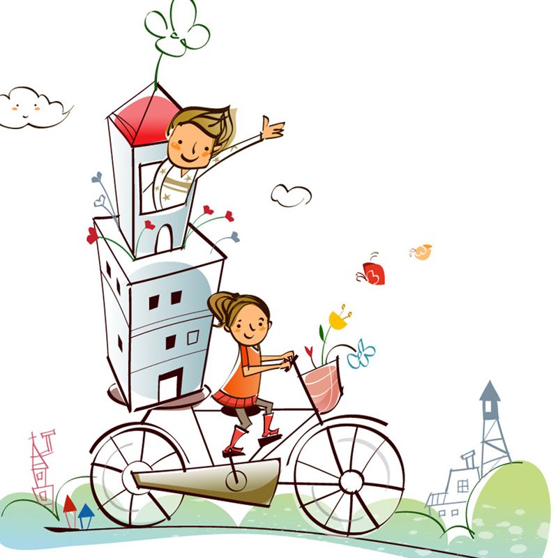 Cartoon Fantasy Bike Riding Mural Decal Orange-Green Water Resistant Wall Art for Bedroom