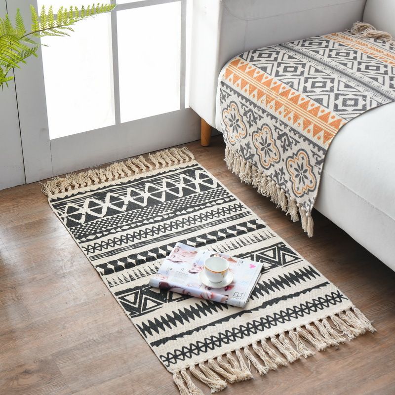 Boho-Chic Fringe Carpet Ameicana Pattern Rug Cotton Blend Area Rug for Bedroom