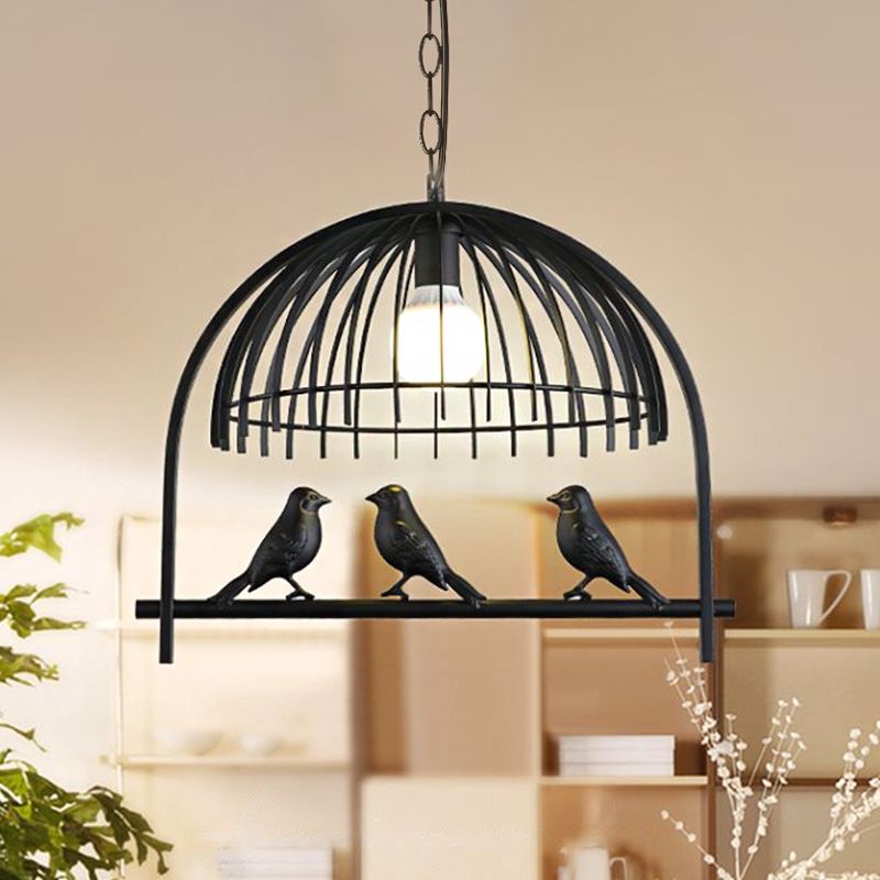 Lodge Style Birdcage Design Hanging Light Fixture 1 Head Iron Pendant Lighting with Wire Dome Shade in Rust/Black