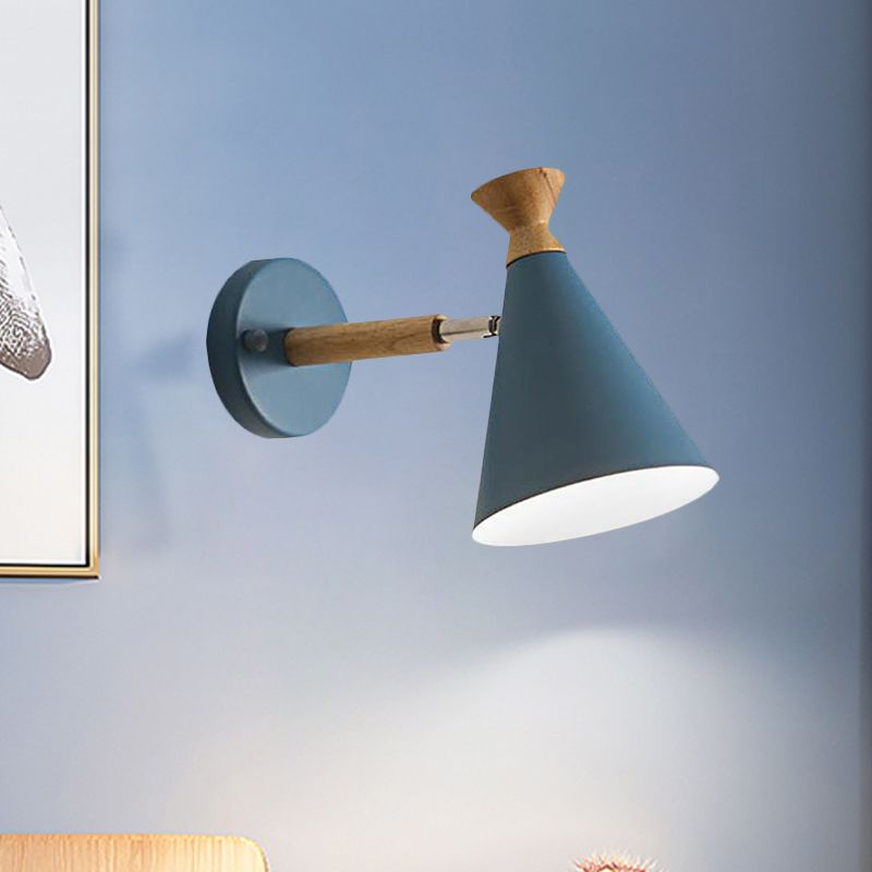 Metal Cone Shade Wall Light Nordic Style Rotatable 1 Light Bedside Reading Light in Blue/Green/Grey/White