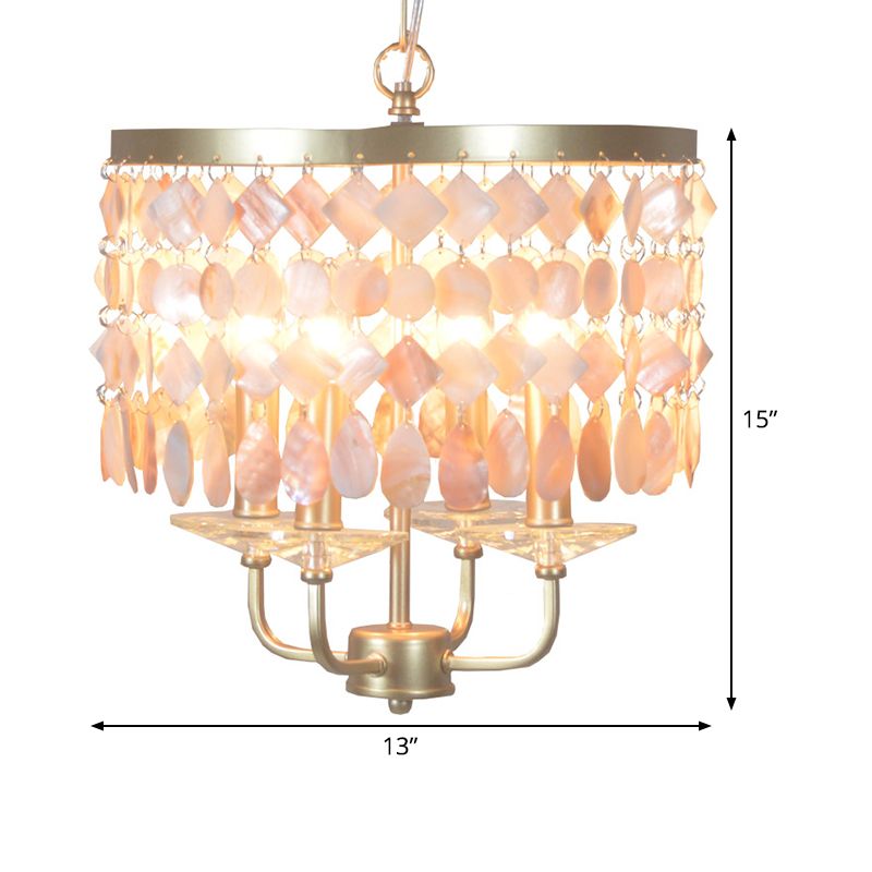 4/6 Bulbs Drum Ceiling Chandelier Traditional Shell Suspended Lighting Fixture in Brass