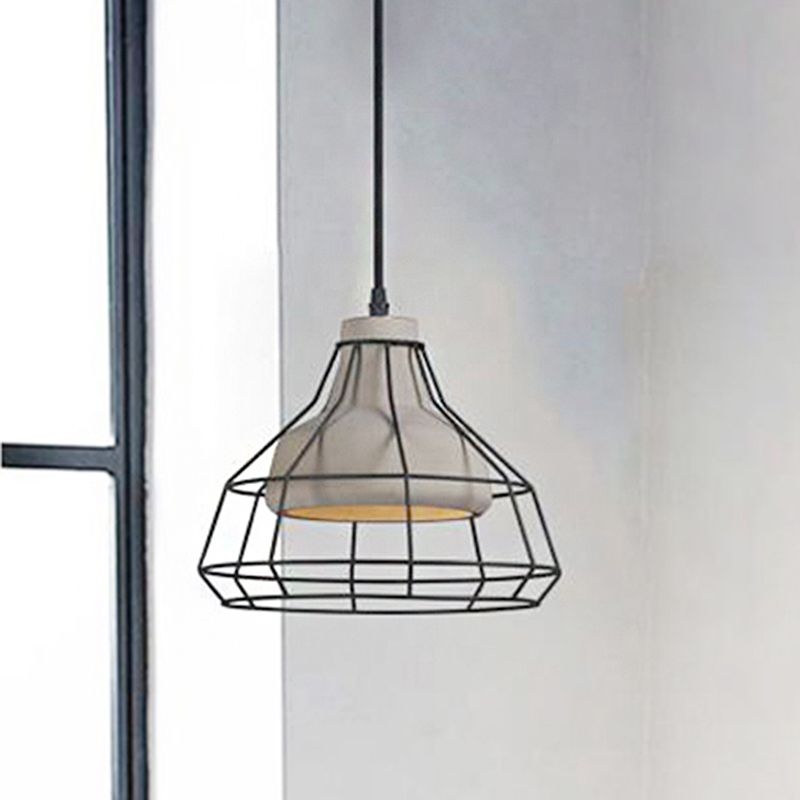 Luz de suspensión de cono de cemento Modernista 1 Lámpara de colgante colgante negro ligero con sombra de jaula de alambre, 10.5 "/14" de ancho