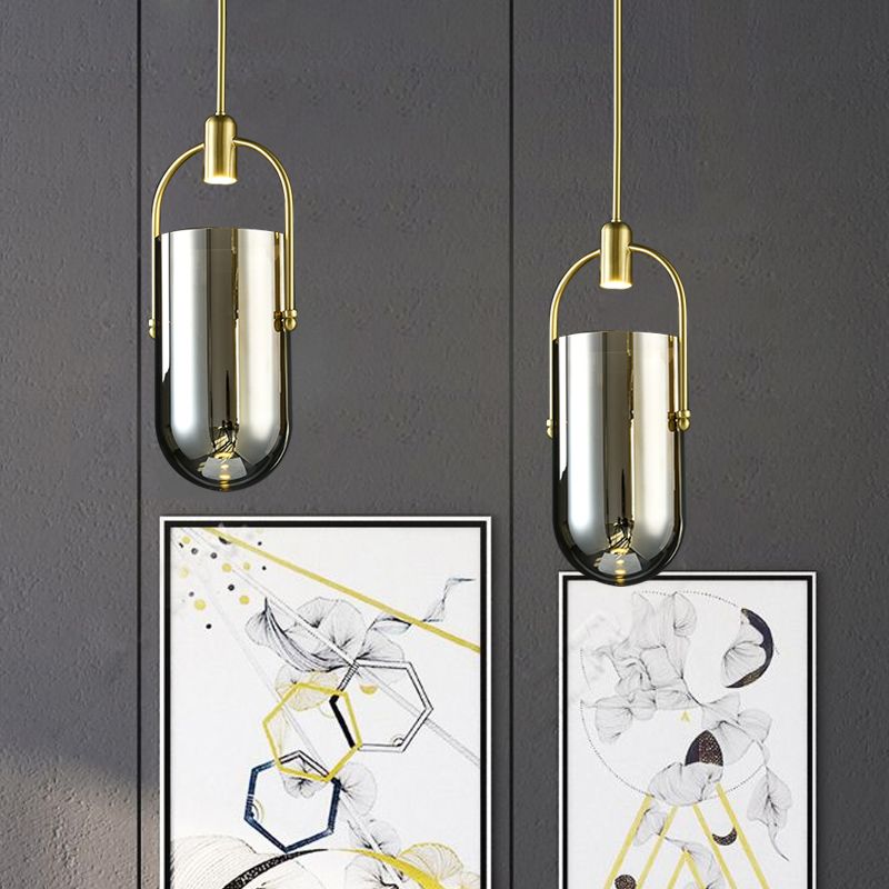 Omgekeerde langwerpige koepel hanger lamp retro nieuwigheid rook grijs glazen glazen messing led hangend licht met handvat