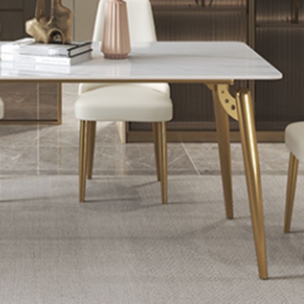 Luxury Sintered Stone Dining Table Rectangle White Table with Metal 4 Legs in Gold