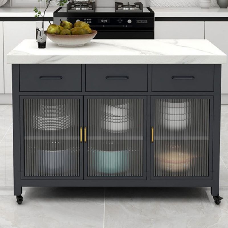 Modern Faux Marble Rectangle Kitchen Cart with Metal Base and Drawers