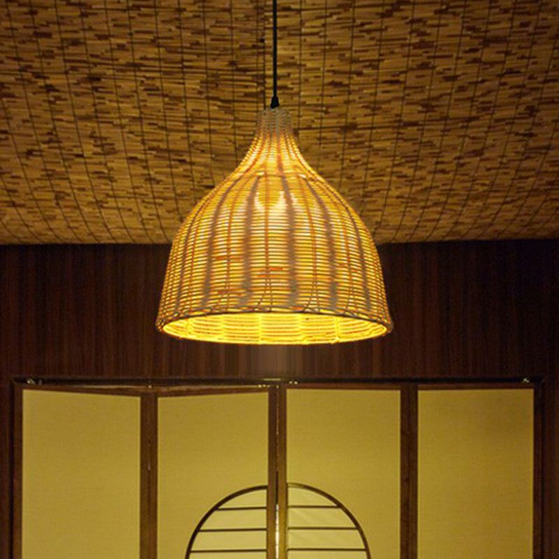 Bell Shade Tea Room Pendant Lighting Bamboo Single-Bulb Asian Ceiling Suspension Lamp in Wood