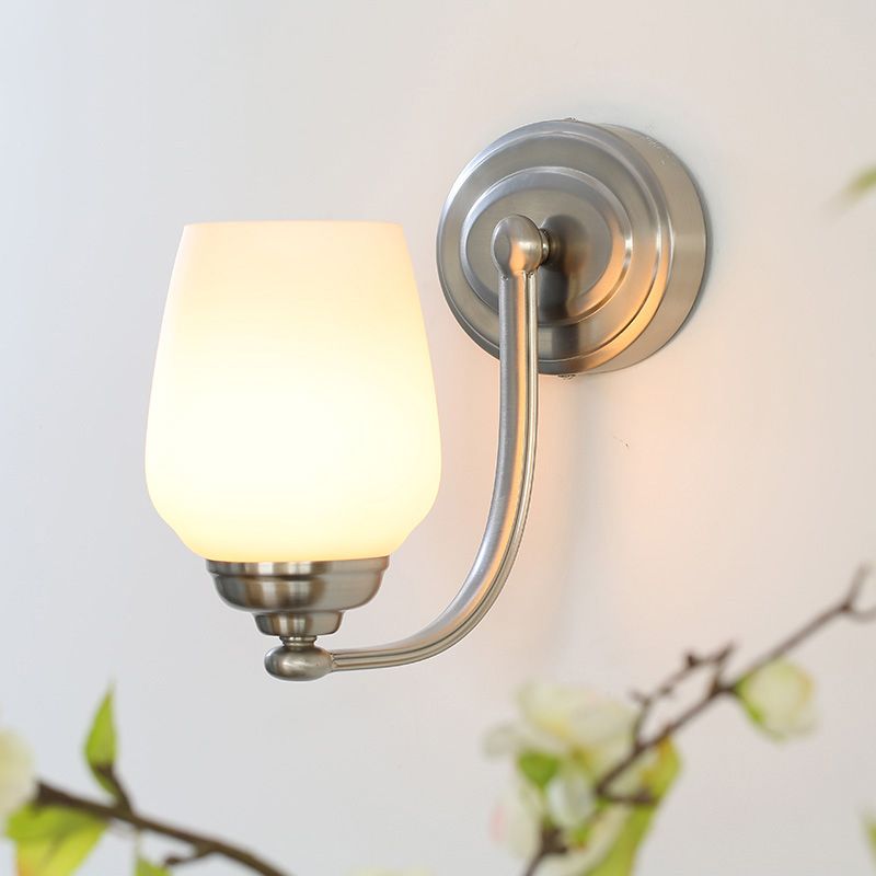 Contemporary Cup Wall Lamp Milk Glass 1 Head Sconce Light Fixture in Nickel for Stairway