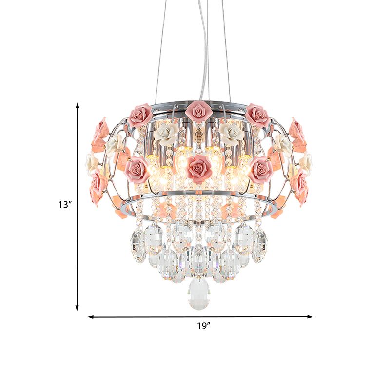 Lampadario a sospensione a sospensione a sospensione per tamburi cromati in metallo moderno 6 lampadine da pranzo lampada a sospensione con rosa rosa e drappeggio cristallino