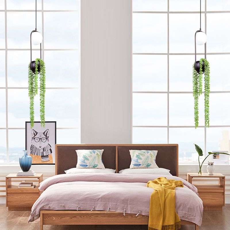 Modern Oval Metal Hanging Lamp White Glass Globe Shade 1 Light Pendant Light with Green Plant