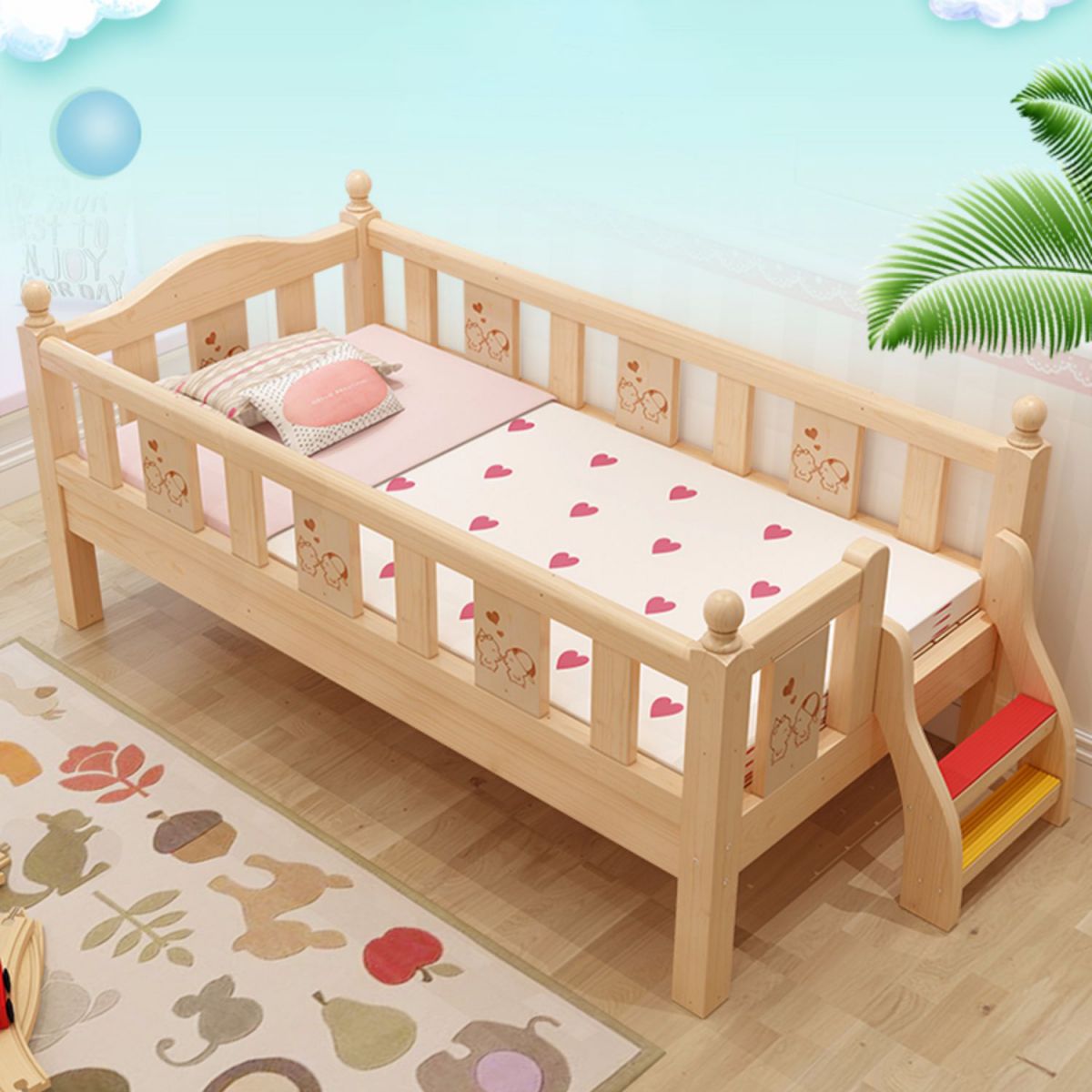 Traditional Style Solid Wood Baby Crib with Guardrail and Mattress