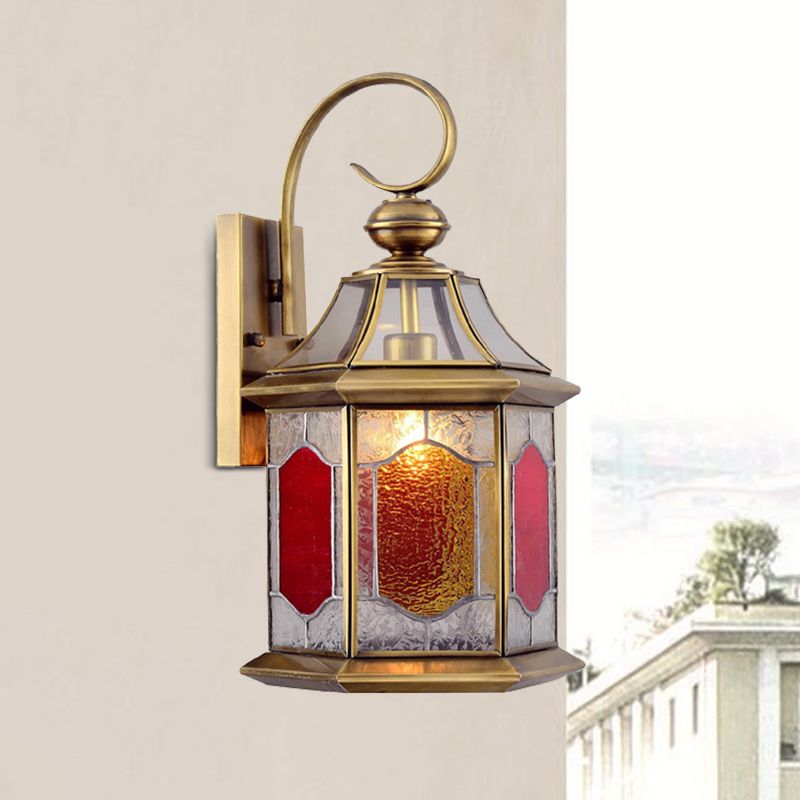 Red Glass Suspended Sconce Lamp Arab 1-Bulb Balcony Wall Mount Light with Curved Arm