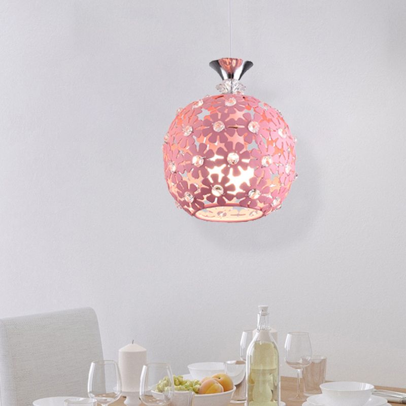 Pink Finish Floret Drop Pendant Light with Sphere Design Minimal 1 Bulb Iron Ceiling Hang Fixture